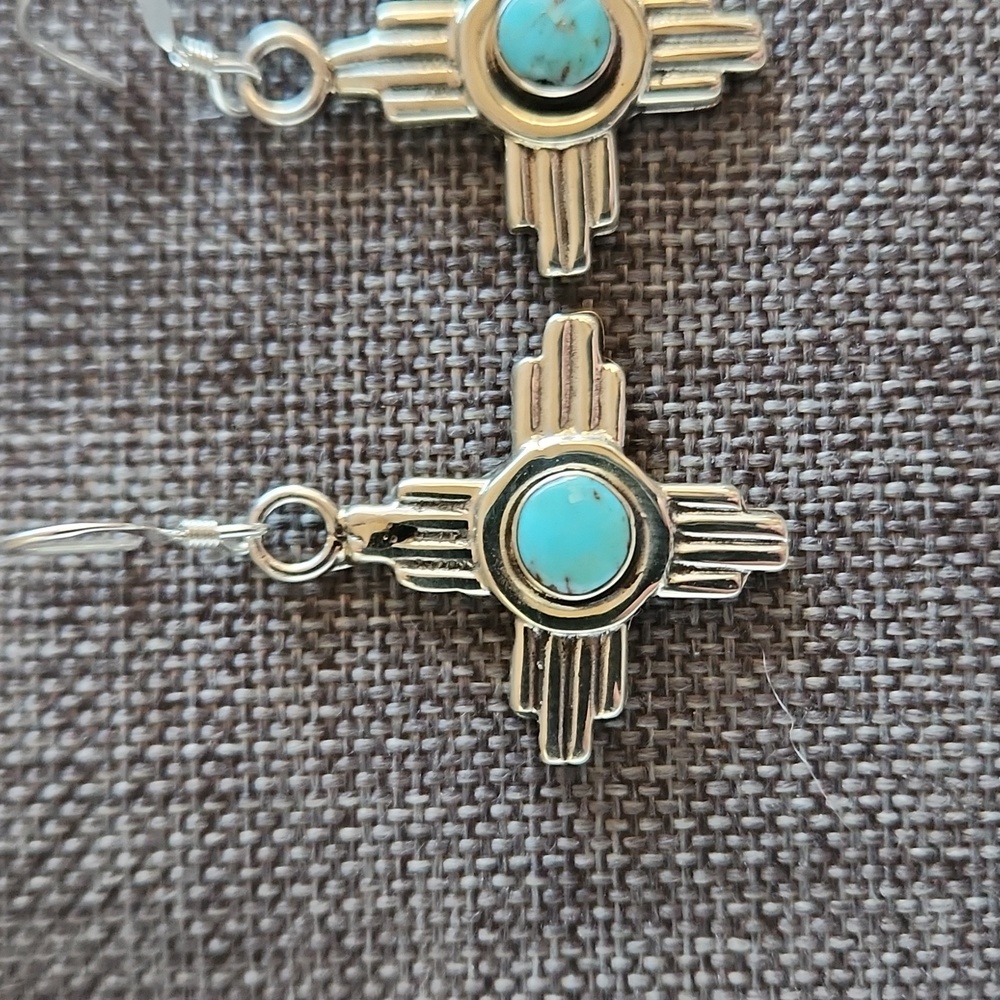 NWOT Native American Navajo Turquoise & Sterling Zia Sun Dangle Earrings 🩵🌞🩶 - Picture 4 of 11